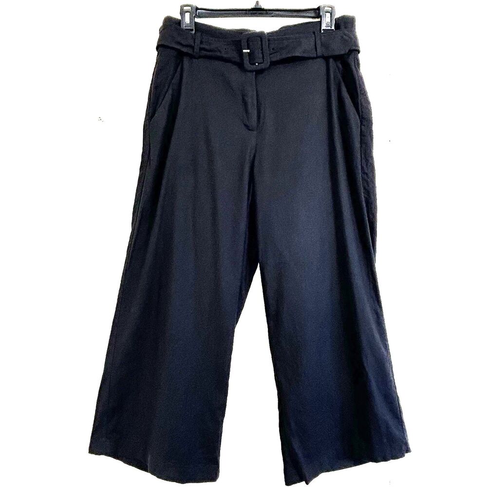 Rachel Zoe Women's Pants Black Size 10 Cropped Wide Leg High Rise Linen Blend